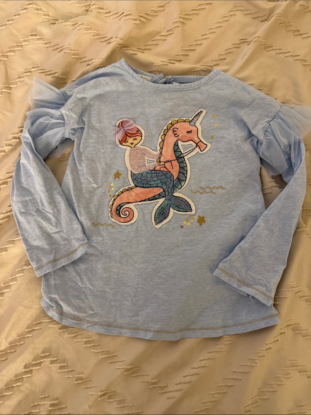 Mud Pie Light Blue Long-Sleeve Top with Mermaid Riding Seahorse